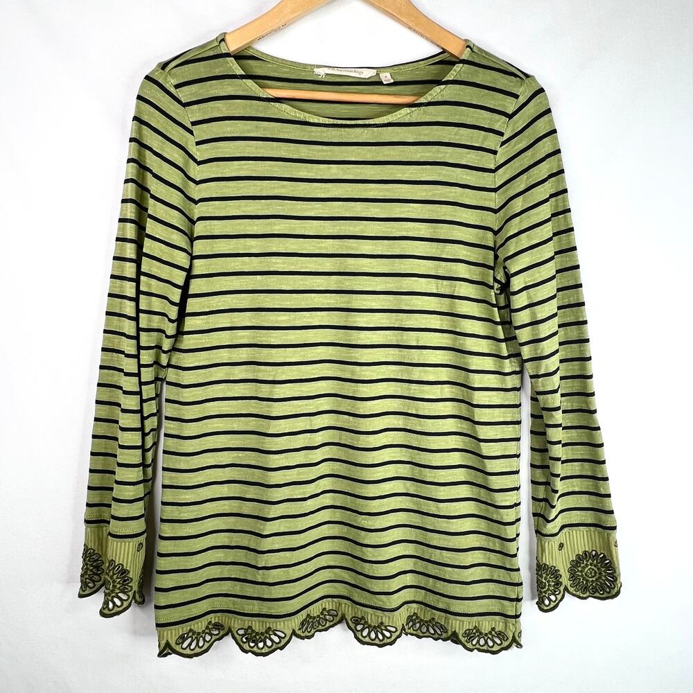 Soft Surroundings Sage Green Pure Cotton Striped Cutwork Hem Top Small